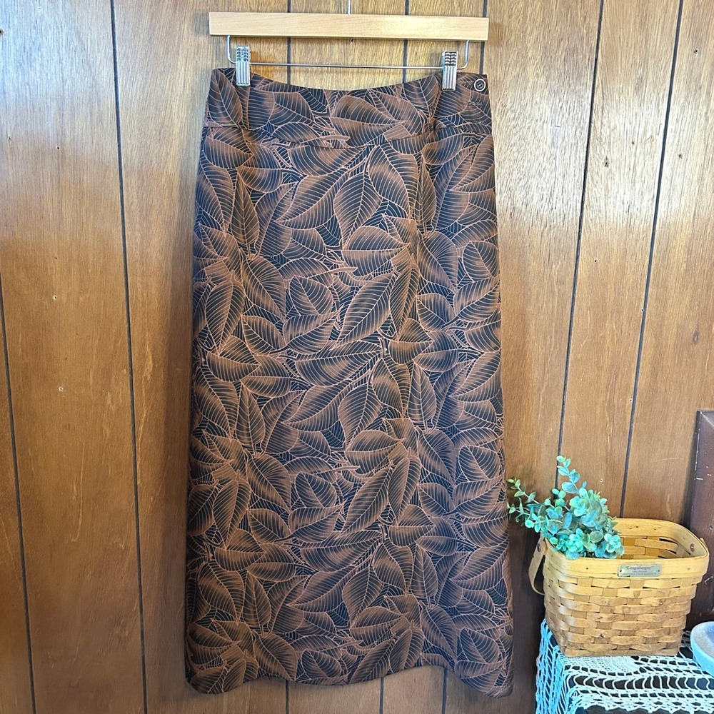 Harve Benard Chocolate Brown Leaf Print Maxi Skirt Womens Size 10 Pockets Career